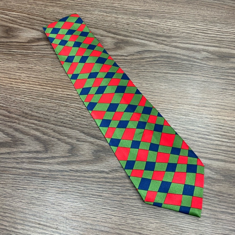 Gene Meyer Green, Red & Navy Check Silk Tie